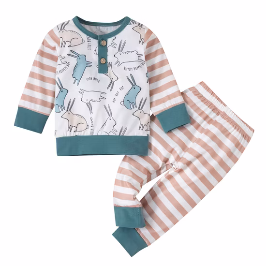 Pigiami per bambini Set di abbigliamento per bambini Bambini Estere Conigli Strisce Indumenti da notte Autunno Indumenti da notte in cotone Ragazzi Ragazze Pullover Pigiama Pigiama Set